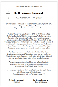 DGfZ-Traueranzeige für Dr. Otto-Werner Marquardt
© Deutsche Gesellschaft für Züchtungskunde e.V. (DGfZ)
