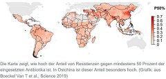 Die Karte zeigt, wie hoch der Anteil von Resistenzen gegen mindestens 50 Prozent der eingesetzten Antibiotika ist. In Ostchina ist dieser Anteil besonders hoch. (Grafik: aus Boeckel Van T et al., Science 2019)